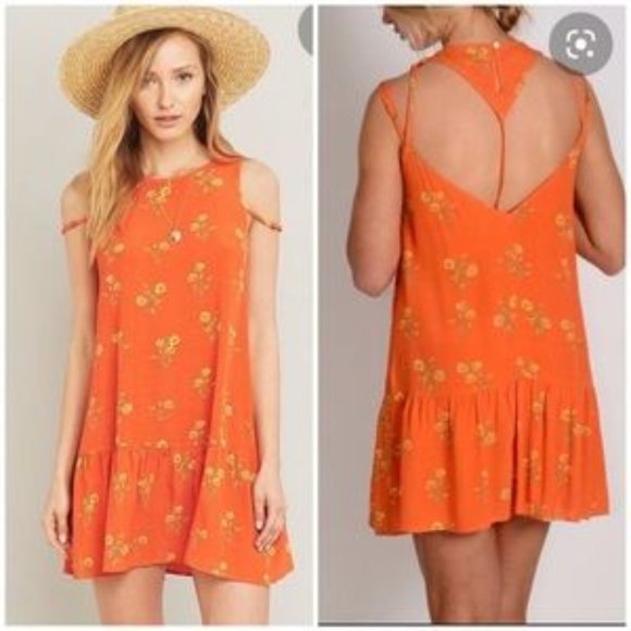 Size S Mink Pink Orange Floral Open Back Dress - Picture 2 of 5